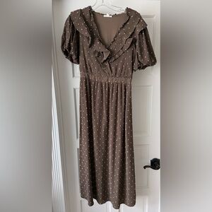 By the river Brown Polka Dot Prairie Midi Dress Women’s Small Puff Sleeve